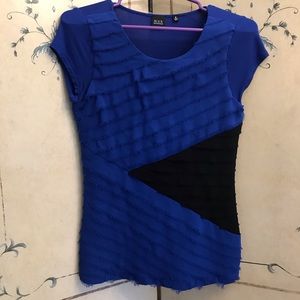 Saks Fifth Ave ruffled rich blue w black work top.